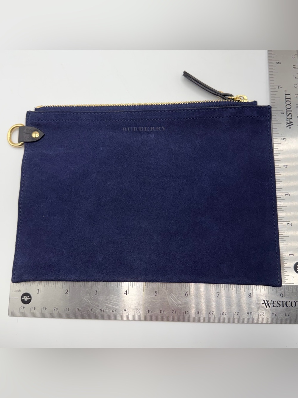 Burberry Roscommon Blue Calf Suede Zip Pouch Clutch Cosmetic Bag Gold Hardware